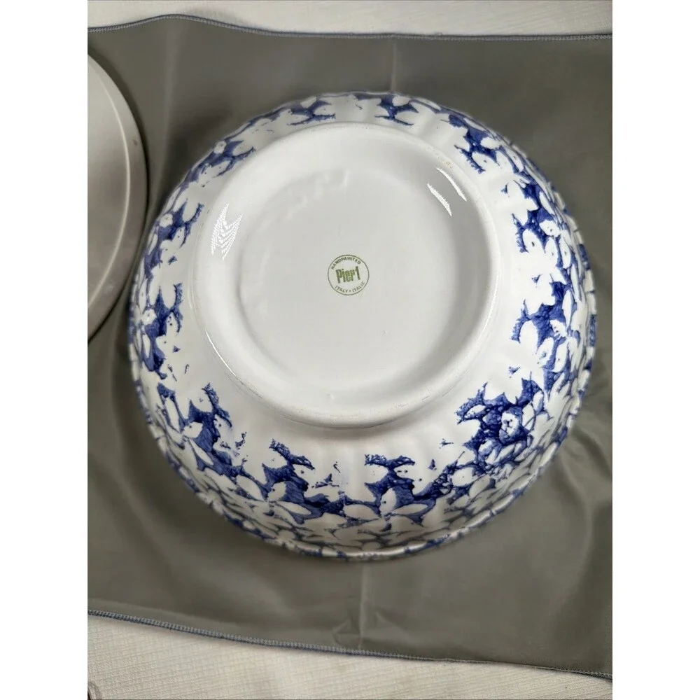 Vintage Pier 1 Italy Hand Painted Blue White Floral Serving Bowls 12